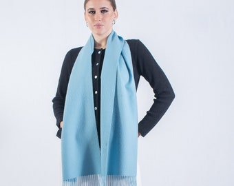 Baby alpaca scarf, fringed scarf, smooth fabric wrap, light blue neck, man and woman scarf, autumn winter shawl, soft anti-allergic