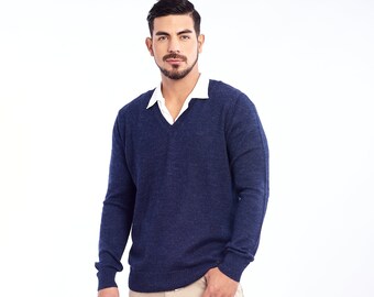 Baby alpaca sweater, plain knitted pullover, classic men's sweater, blue melange sweaters, V-neck jumper, autumn winter sweater, gift