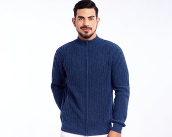 Classic baby alpaca cardigan, zip-up knit jacket, men&#39;s turtleneck jacket, melange blue cardigan with pockets
