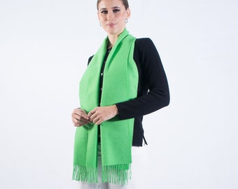 Baby alpaca scarf, fringed scarf, plain fabric wrap, green neckerchief, women's scarf, autumn winter shawl, soft warmer, gift