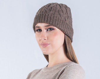 Aran baby alpaca hat, hand-knitted hat, braid hat, Melange brown hat, men's hat, winter beret.