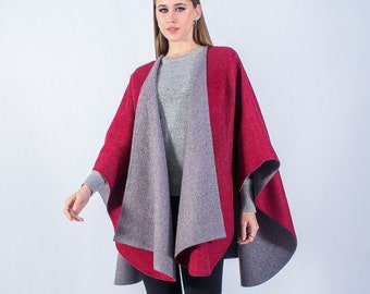 Reversible baby alpaca cape, plain knit ruana, luxury wrap, classic women's poncho, autumn winter cape, red and gray ruana, gift