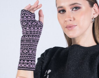 100% baby alpaca mittens, black/pink Jacquard mittens, hand warmers, men's/women's fingerless gloves, mittens for autumn winter,