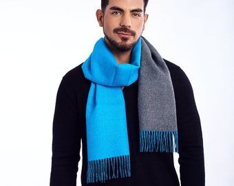 Reversible baby alpaca scarf, gray turquoise neckerchief, autumn winter wrap, man woman scarf, plain knit scarf, handmade, gift