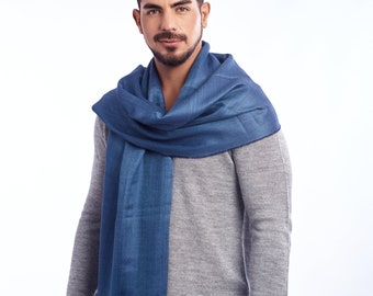 Premium alpaca stole, luxury classic pashmina, shawl for men and women, steel blue, autumn winter, scarf without fringes, soft anti-allergy wrap