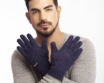 Baby alpaca reversible glove, man woman glove, autumn winter glove, handmade glove, hand warmers, blue and gray gloves, gift