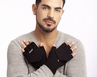 Baby alpaca mitten glove, convertible glove into a mitten, autumn winter fingerless gloves, man/woman mitten glove, black color gloves