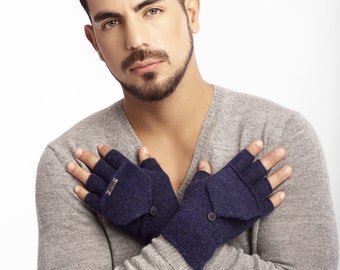 Baby alpaca mitten glove, convertible glove/mitten, fingerless glove, autumn/winter, man/woman wrist warmer, blue/melange mitten