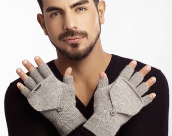 Baby alpaca mitten glove, convertible mitten glove, autumn winter fingerless gloves, man/woman mitten glove, silver gray gloves