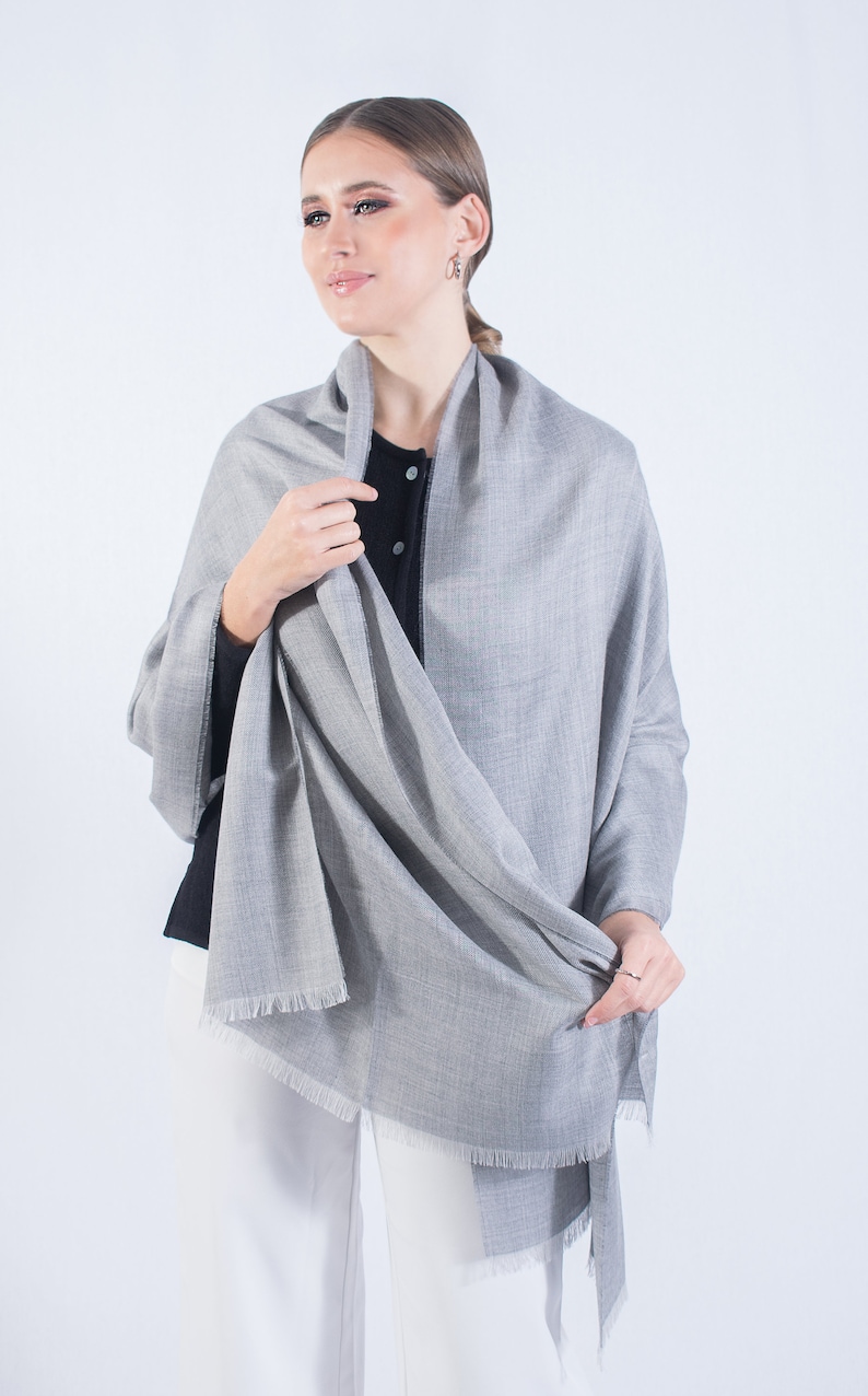 Premium alpaca stole, luxury classic pashmina, shawl for men and women, silver gray, autumn winter, scarf without fringes, soft anti-allergy wrap image 2