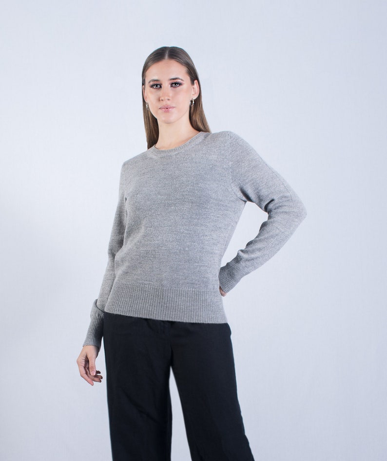 Baby alpaca sweater, plain round neck sweater, gray pullover, autumn winter jumper, knitted sweater, classic women's sweater, handmade image 2