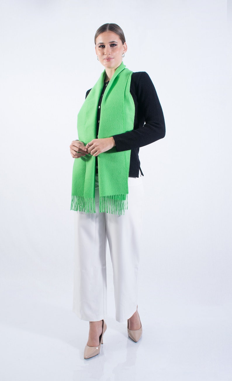 Baby alpaca scarf, fringed scarf, plain fabric wrap, green neckerchief, women's scarf, autumn winter shawl, soft warmer, gift image 1