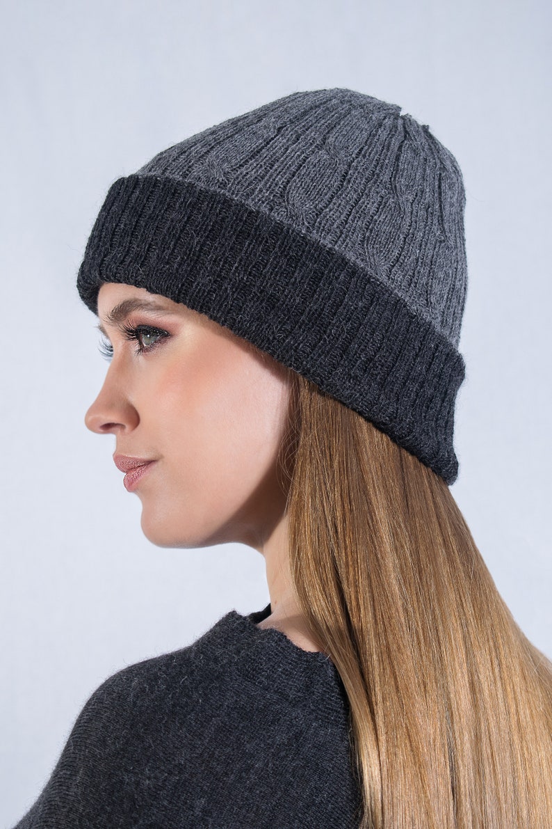 Reversible baby alpaca hat, men's/women's knitted hat, baggy braid hat for winter, charcoal/medium gray alpaca hat image 6