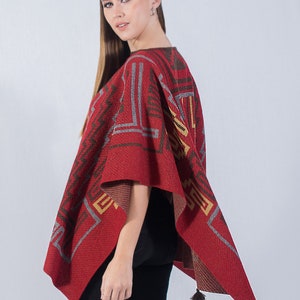 jacquard baby alpaca poncho, women's multicolor poncho, handmade luxury cape, knitted ruana with pompoms, oversized wrap, gift image 5