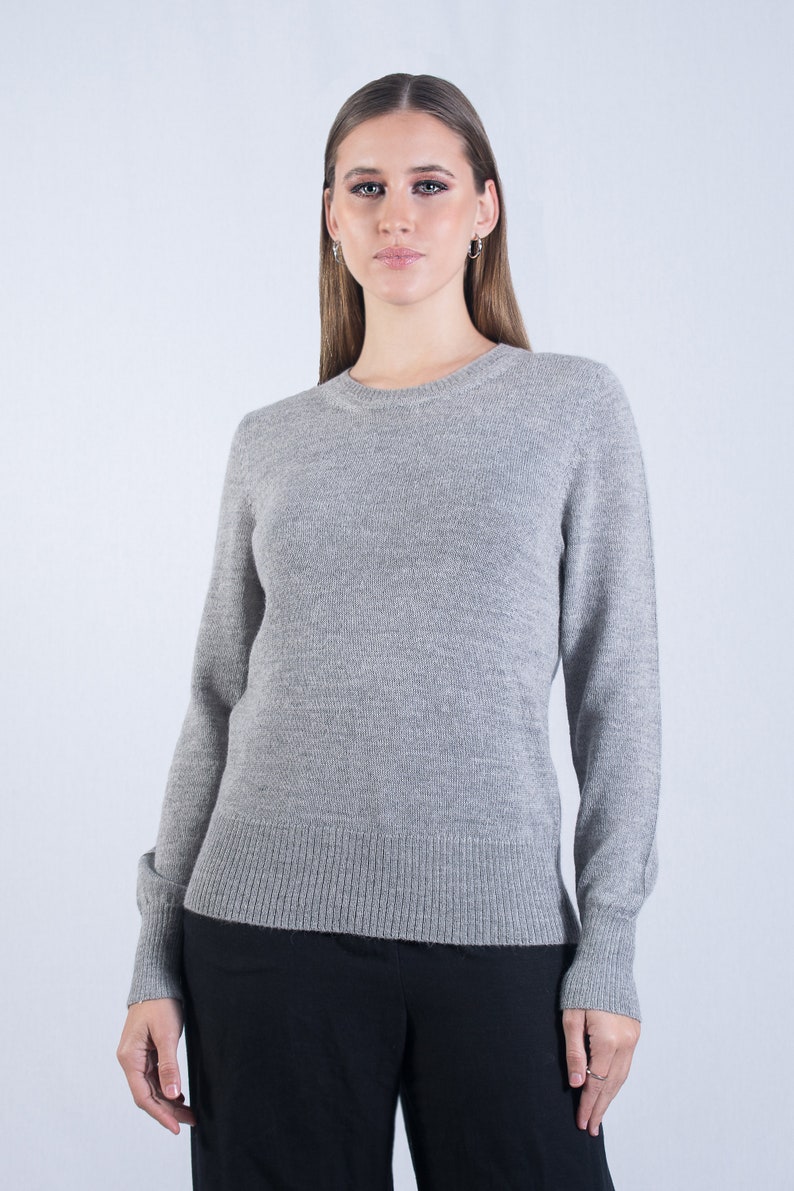 Baby alpaca sweater, plain round neck sweater, gray pullover, autumn winter jumper, knitted sweater, classic women's sweater, handmade image 3