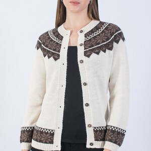 Baby alpaca jacquard cardigan, handmade knitted sweater, women's cardigan with buttons, classic cream brown jacket, coat made in Peru image 6