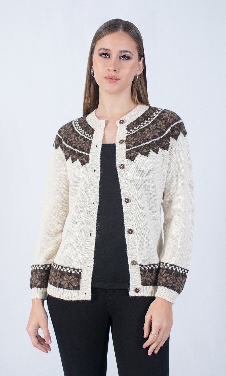 Baby alpaca jacquard cardigan, handmade knitted sweater, women's cardigan with buttons, classic cream brown jacket, coat made in Peru image 6