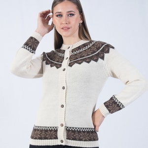 Baby alpaca jacquard cardigan, handmade knitted sweater, women's cardigan with buttons, classic cream brown jacket, coat made in Peru image 3