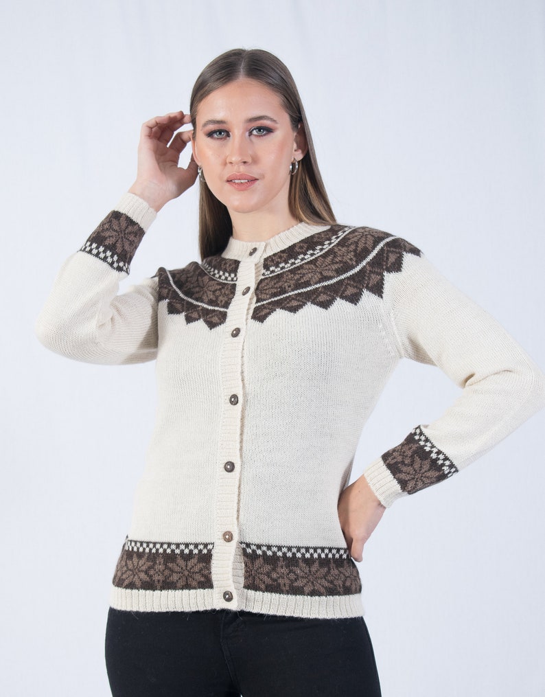 Baby alpaca jacquard cardigan, handmade knitted sweater, women's cardigan with buttons, classic cream brown jacket, coat made in Peru image 3