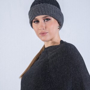 Reversible baby alpaca hat, men's/women's knitted hat, baggy braid hat for winter, charcoal/medium gray alpaca hat image 4