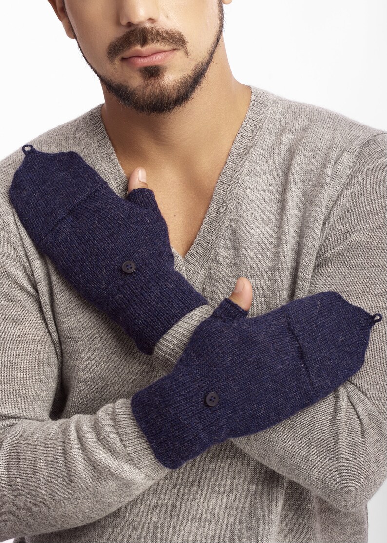 Baby alpaca mitten glove, convertible glove/mitten, fingerless glove, autumn/winter, man/woman wrist warmer, blue/melange mitten image 6