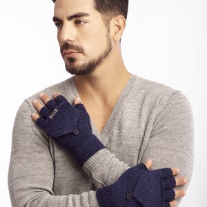 Baby alpaca mitten glove, convertible glove/mitten, fingerless glove, autumn/winter, man/woman wrist warmer, blue/melange mitten image 3