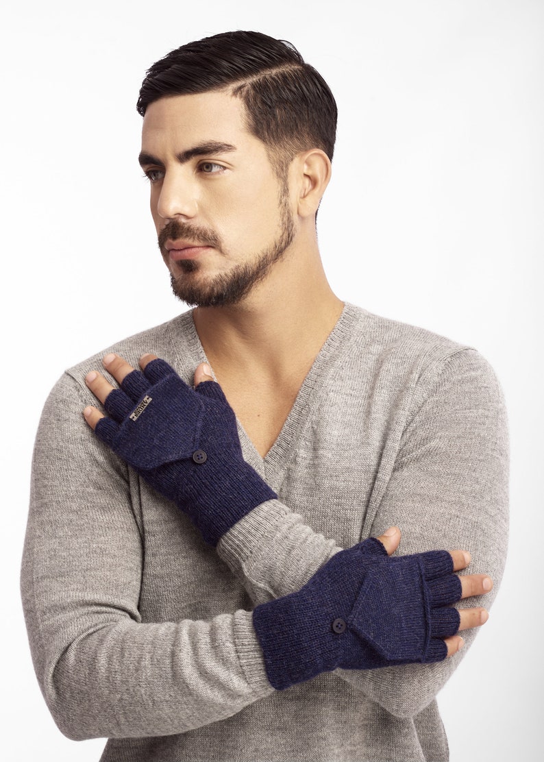 Baby alpaca mitten glove, convertible glove/mitten, fingerless glove, autumn/winter, man/woman wrist warmer, blue/melange mitten image 3