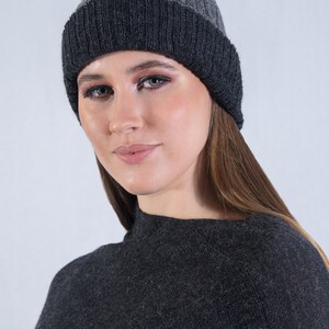 Reversible baby alpaca hat, men's/women's knitted hat, baggy braid hat for winter, charcoal/medium gray alpaca hat image 5