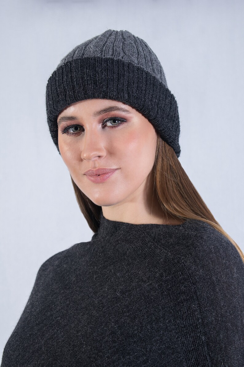Reversible baby alpaca hat, men's/women's knitted hat, baggy braid hat for winter, charcoal/medium gray alpaca hat image 5