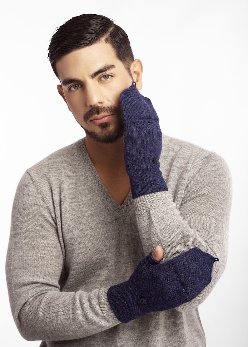 Baby alpaca mitten glove, convertible glove/mitten, fingerless glove, autumn/winter, man/woman wrist warmer, blue/melange mitten image 5