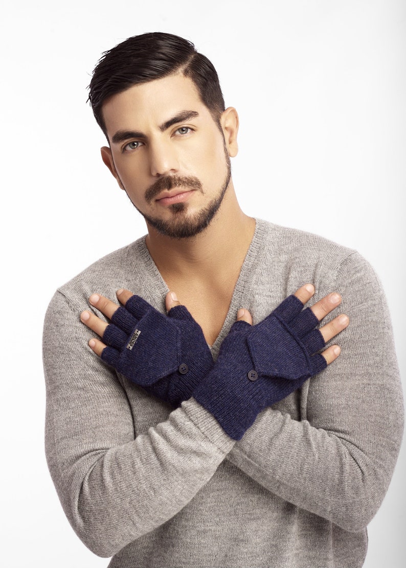 Baby alpaca mitten glove, convertible glove/mitten, fingerless glove, autumn/winter, man/woman wrist warmer, blue/melange mitten image 1