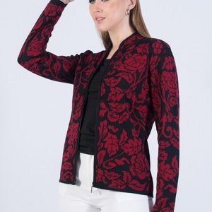 Baby alpaca cardigan, flower cardigan, knit cardigan for women, zipper jacket, black and red cardigan, soft vest. image 4