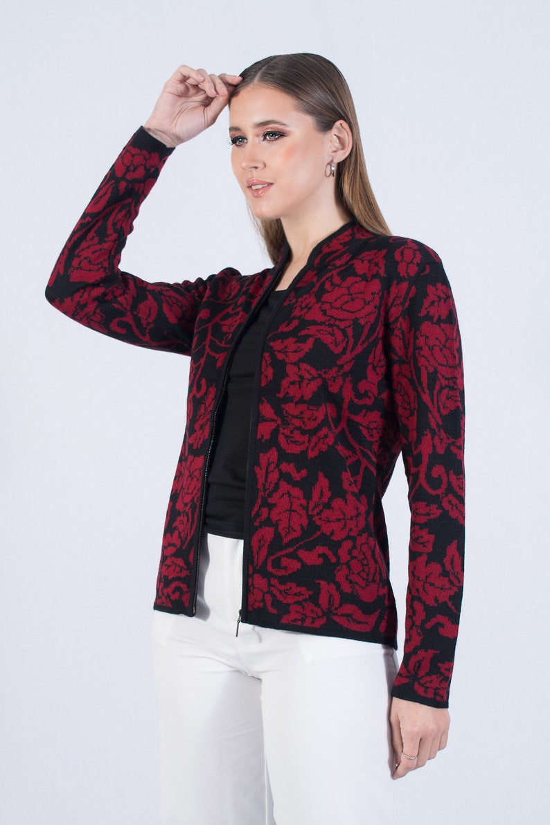 Baby alpaca cardigan, flower cardigan, knit cardigan for women, zipper jacket, black and red cardigan, soft vest. image 4