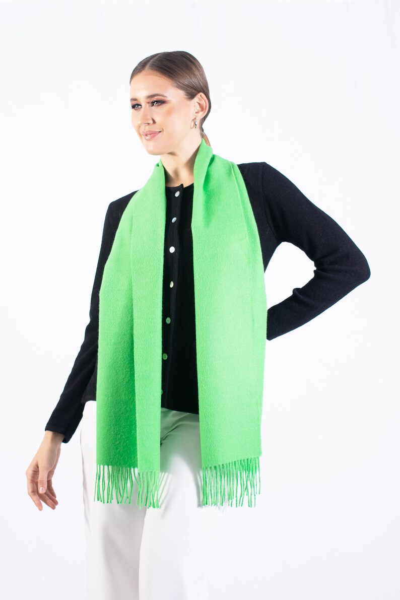 Baby alpaca scarf, fringed scarf, plain fabric wrap, green neckerchief, women's scarf, autumn winter shawl, soft warmer, gift image 4