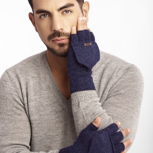 Baby alpaca mitten glove, convertible glove/mitten, fingerless glove, autumn/winter, man/woman wrist warmer, blue/melange mitten image 2