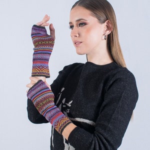 baby alpaca mittens, multicolor Jacquard mittens, hand warmers, fingerless gloves for men and women, autumn winter mittens, handmade image 1