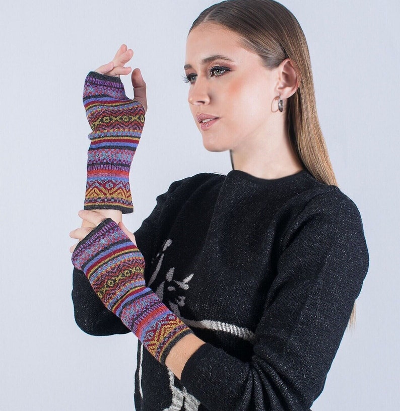 baby alpaca mittens, multicolor Jacquard mittens, hand warmers, fingerless gloves for men and women, autumn winter mittens, handmade image 1