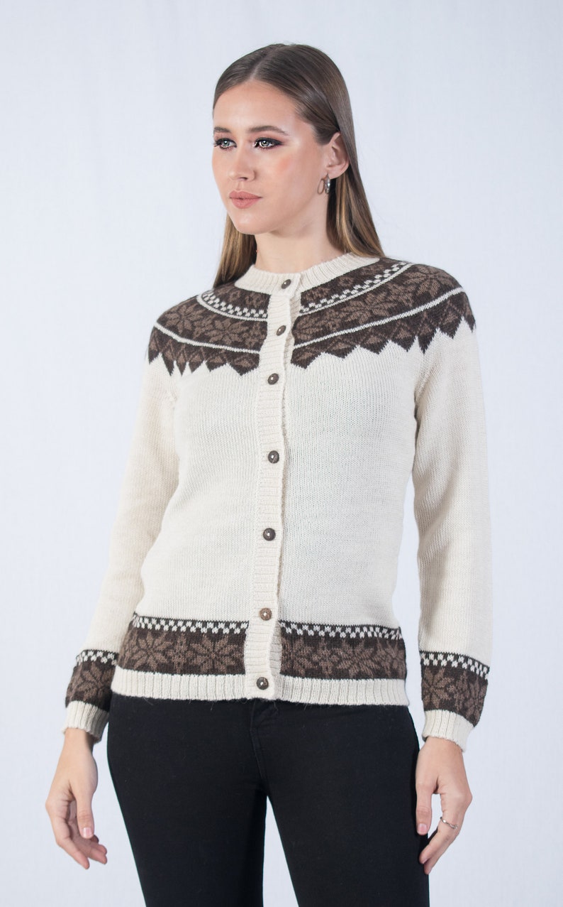 Baby alpaca jacquard cardigan, handmade knitted sweater, women's cardigan with buttons, classic cream brown jacket, coat made in Peru image 2