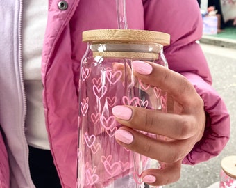16oz Valentine Mini HeartGlass Cup, Pink Heart Glass Can with Lid Straw, Valentines Day Beer Can Glass, Valentines Gifts for Her