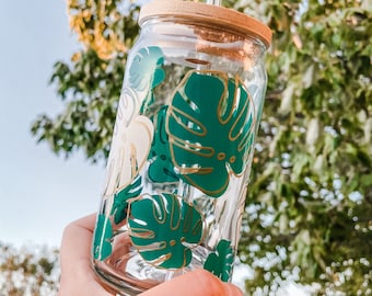 Monstera Leaf Glass Can Cup: Boho Plant Lover Gift