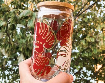 Monstera Leaf Iced Coffee Glass Cup: Boho Plant Lover Gift