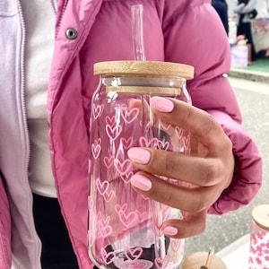 16oz Valentine Mini HeartGlass Cup, Pink Heart Glass Can with Lid Straw, Valentines Day Beer Can Glass, Valentines Gifts for Her