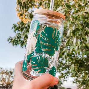 Monstera Leaf Coffee Glass Can Cup, Boho Monstera Beer Can Glass, Aesthetic Monstera Can Glass ,Plant Lover Glass Can ,Eco-friendly CupGift