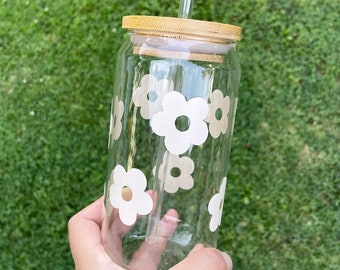 Retro Flower Iced Coffee Glass Can: Boho Floral Soda Jar (16 oz)