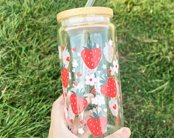 Floral Strawberry Glass Cup: Iced Coffee Tumbler with Lid & Straw