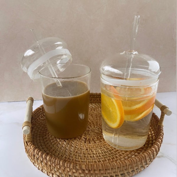 Dome Lid Glass Cup, Dome Lid Cup w/ Straw and Cleaning Brush, Ice Coffee Glass Can, Clear Glass Tumbler, Bubble Tea Smoothie Tumbler