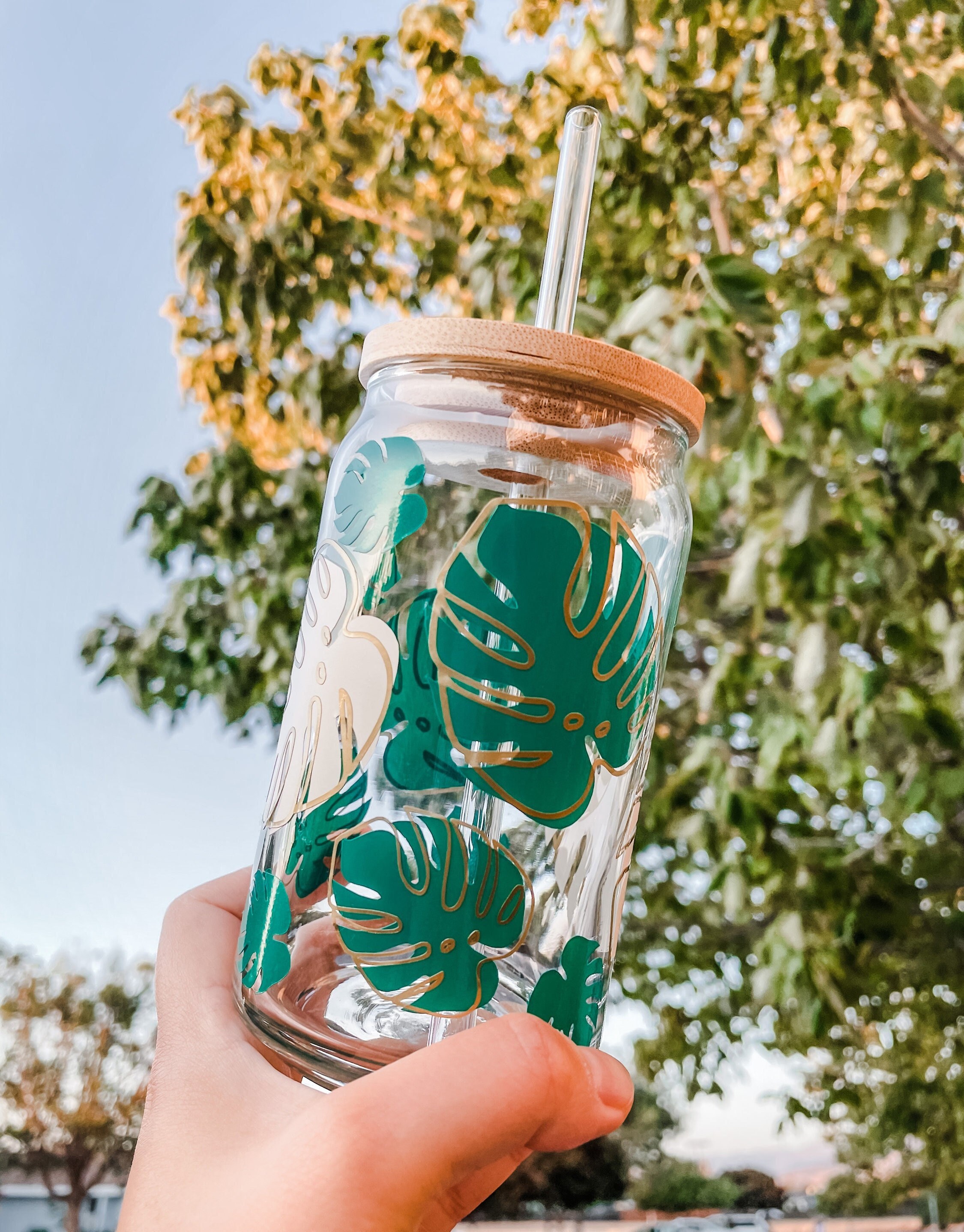 Monstera Leaf Glass Beer Can Cup, Ice Coffee cup for on the go