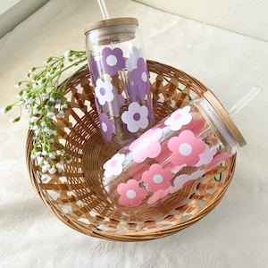 Daisy Flower Ice Coffee Glass, Floral Beer Can Glass, Retro Flower Soda Glass Jar, Aesthetic Glass Can, ForBirthday Gift, Best Friend Gif