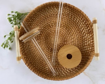 Bamboo Lid & Glass Straw Set: Reusable Eco-Friendly Boba Accessories