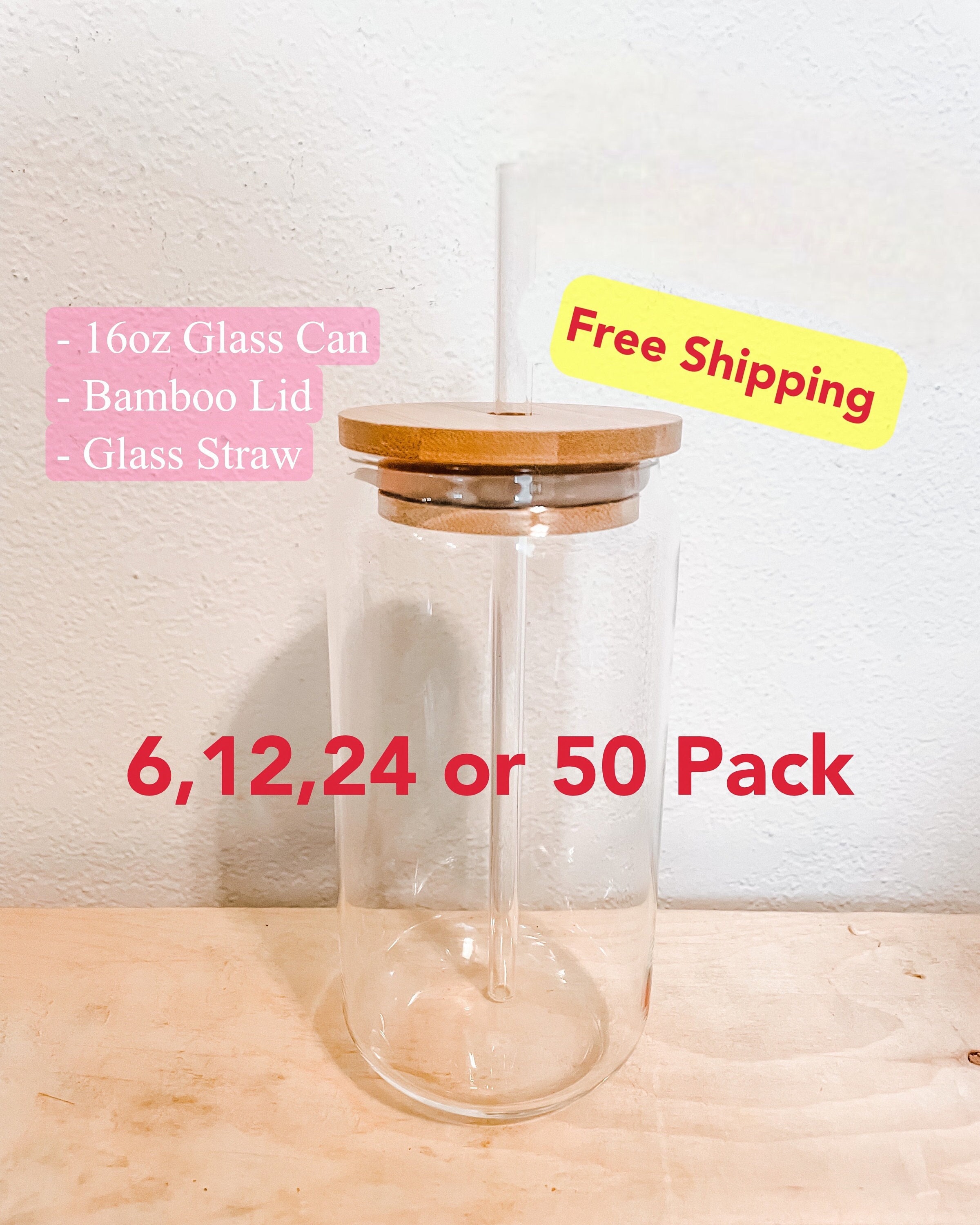 16-20 oz Sublimation Glass Cans Beer Cans with Bamboo Lid Glass Straw –  Gl'amourXx Designs